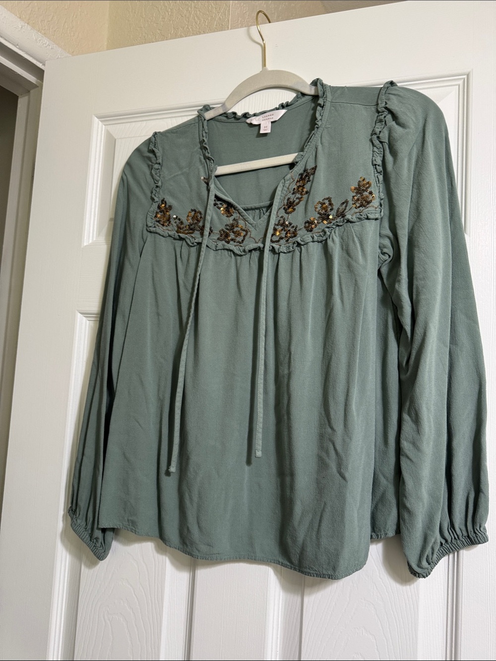 LC Lauren Conrad Sage Green Embroidered Tie-Front Blouse